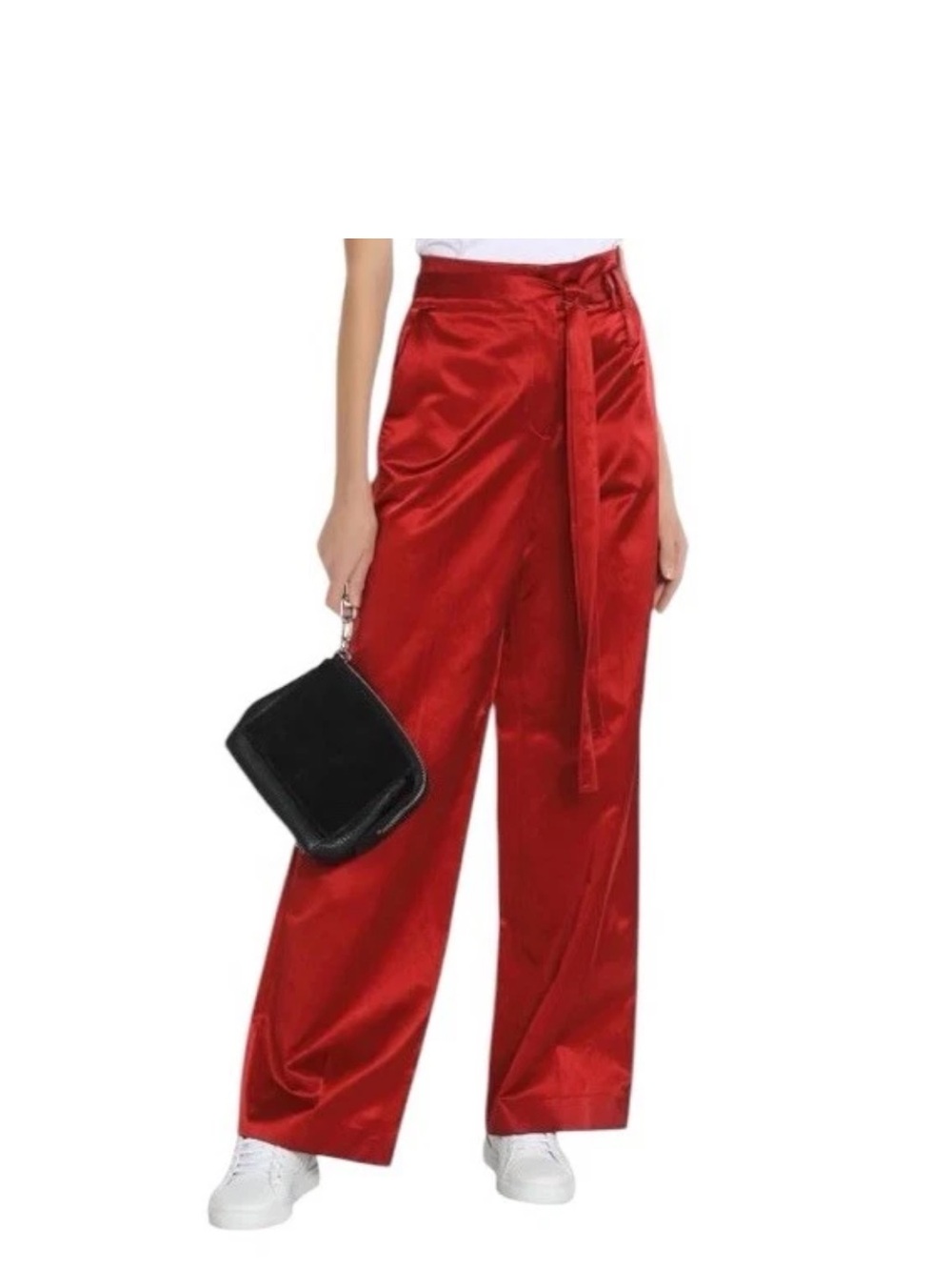 Helmut Lang Satin Wide Leg Belted Pants High Waisted Womens Size 4 Garnet